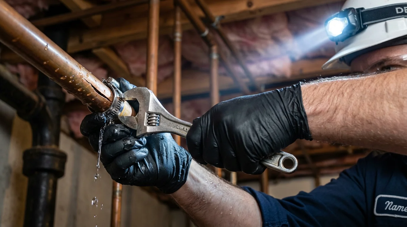 Emergency pipe clamp repair being performed by a Johns Plumbing LLC plumber in Lookout Mountain