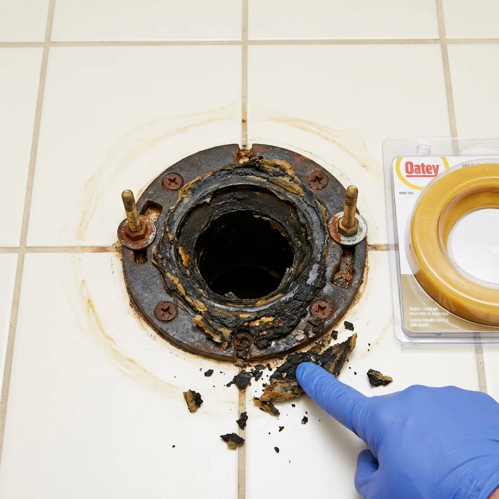 Failed wax ring showing water seepage at the base of a toilet in a Lookout Mountain, GA home