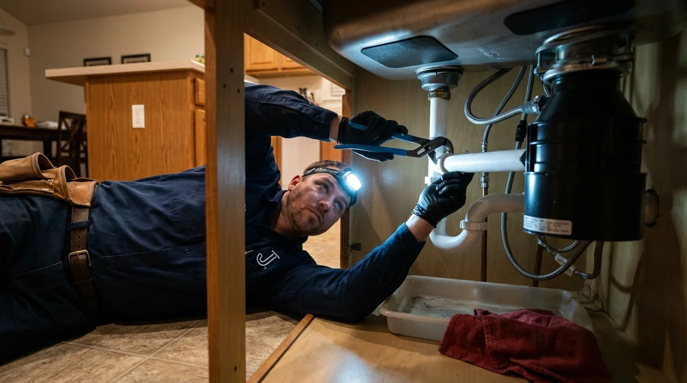 P-trap and supply line connections under a kitchen sink showing a common leak point in Lookout Mountain, GA